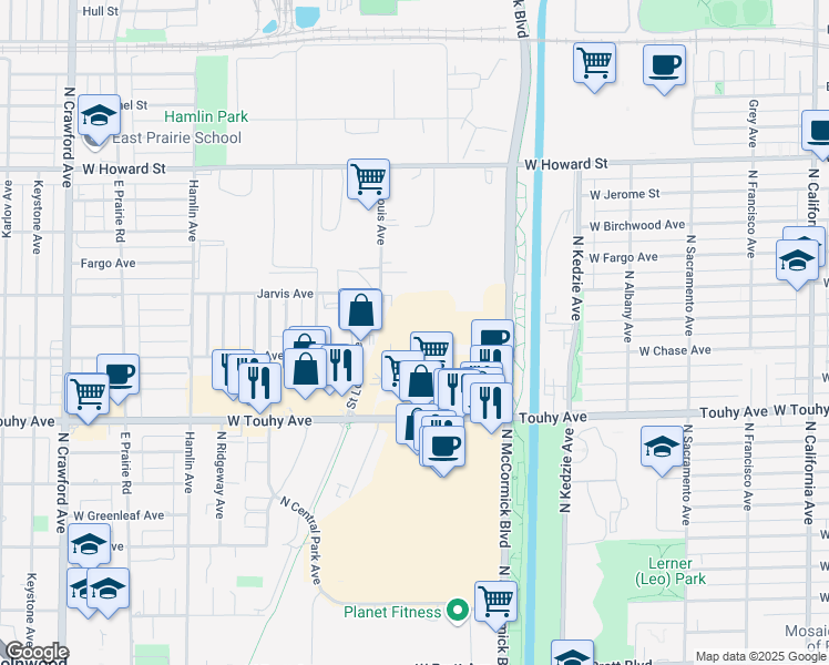 map of restaurants, bars, coffee shops, grocery stores, and more near 3412 West Touhy Avenue in Lincolnwood