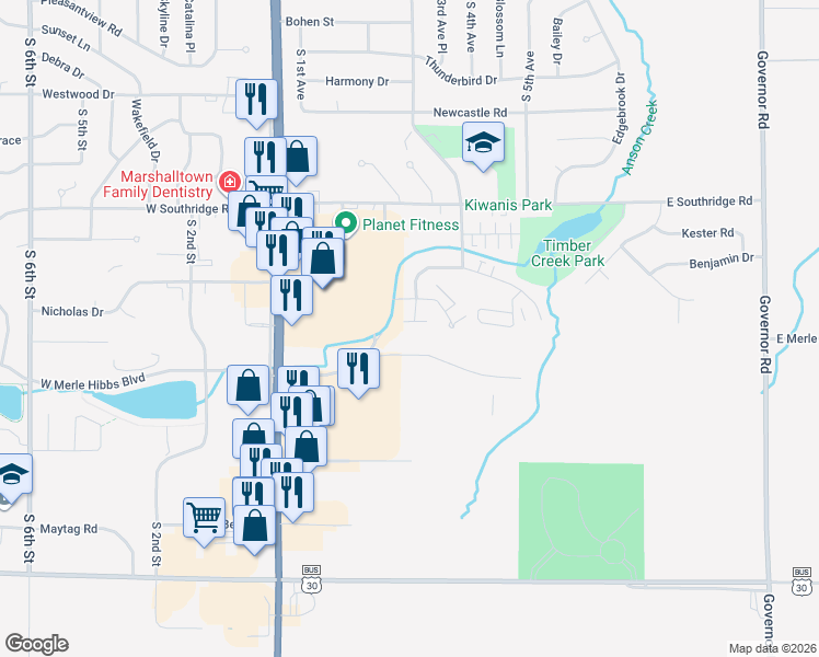 map of restaurants, bars, coffee shops, grocery stores, and more near 2603 South 2nd Avenue in Marshalltown
