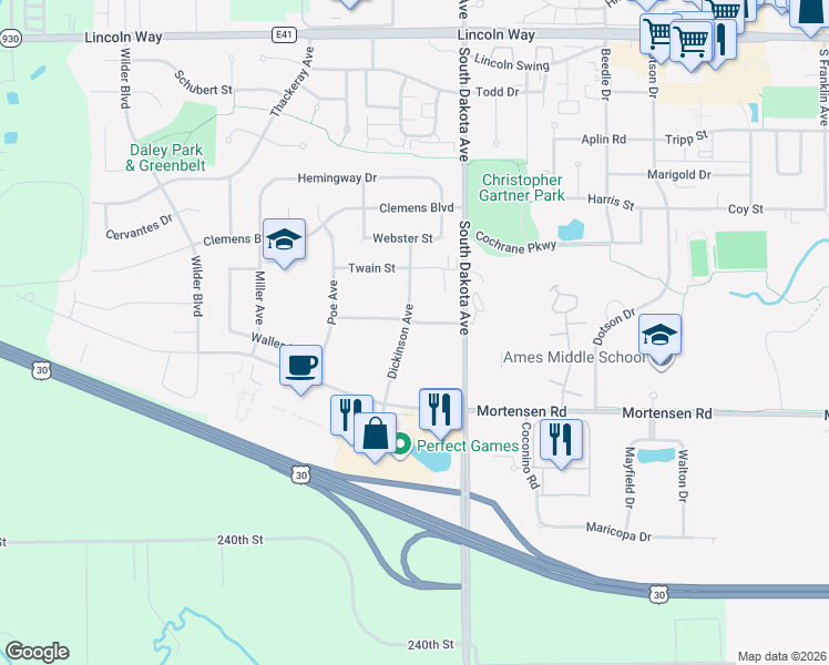 map of restaurants, bars, coffee shops, grocery stores, and more near 4532 Steinbeck Street in Ames
