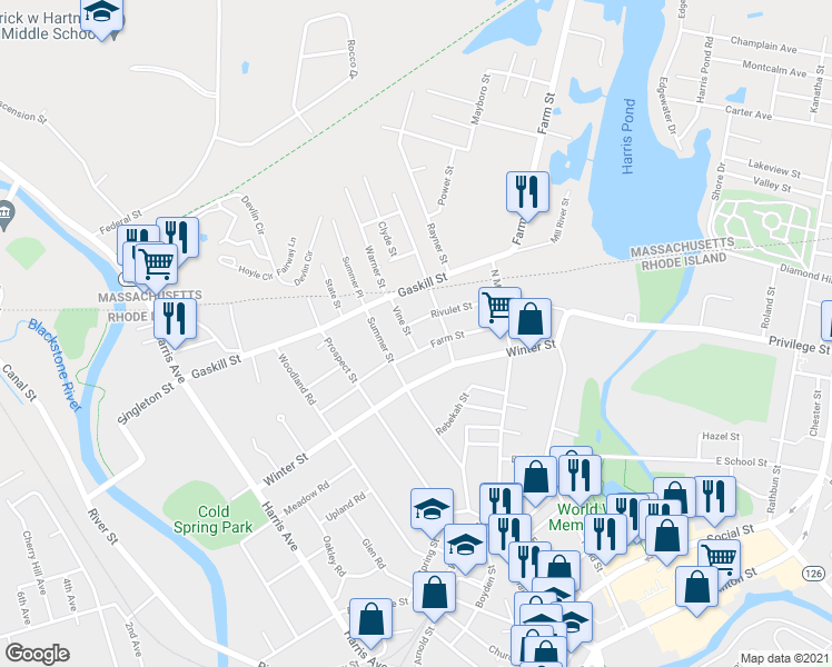 map of restaurants, bars, coffee shops, grocery stores, and more near 32 Vine Street in Woonsocket