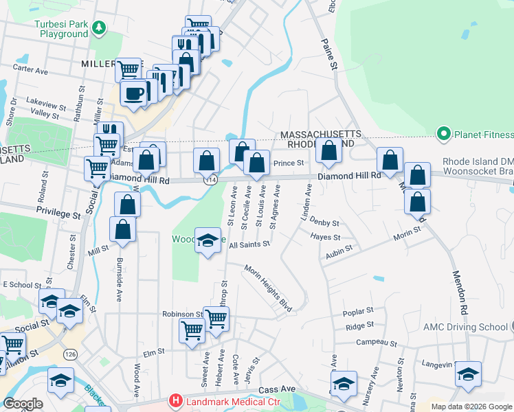 map of restaurants, bars, coffee shops, grocery stores, and more near 237 Saint Louis Avenue in Woonsocket