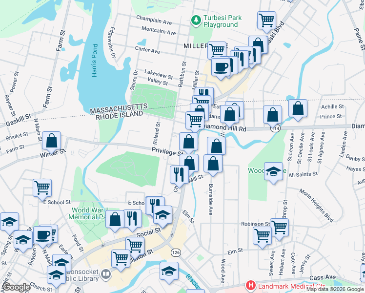 map of restaurants, bars, coffee shops, grocery stores, and more near 32 Dean Street in Woonsocket