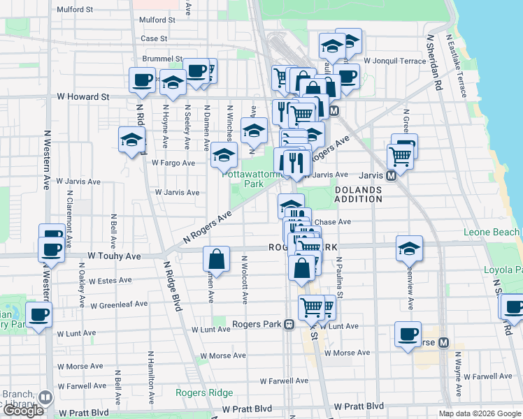 map of restaurants, bars, coffee shops, grocery stores, and more near 7320 North Honore Street in Chicago