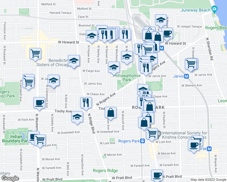 map of restaurants, bars, coffee shops, grocery stores, and more near 7320 North Rogers Avenue in Chicago