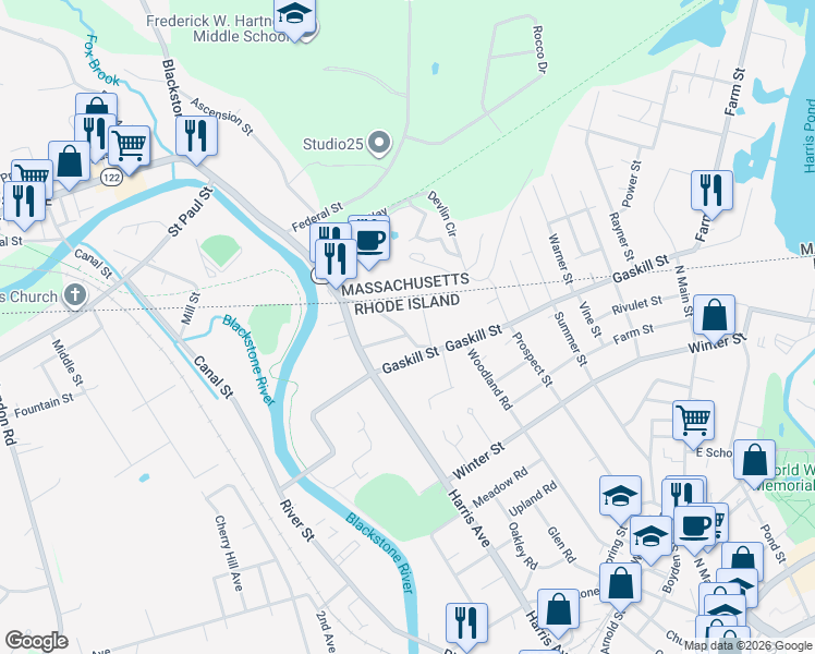 map of restaurants, bars, coffee shops, grocery stores, and more near 151 Huntington Avenue in Woonsocket