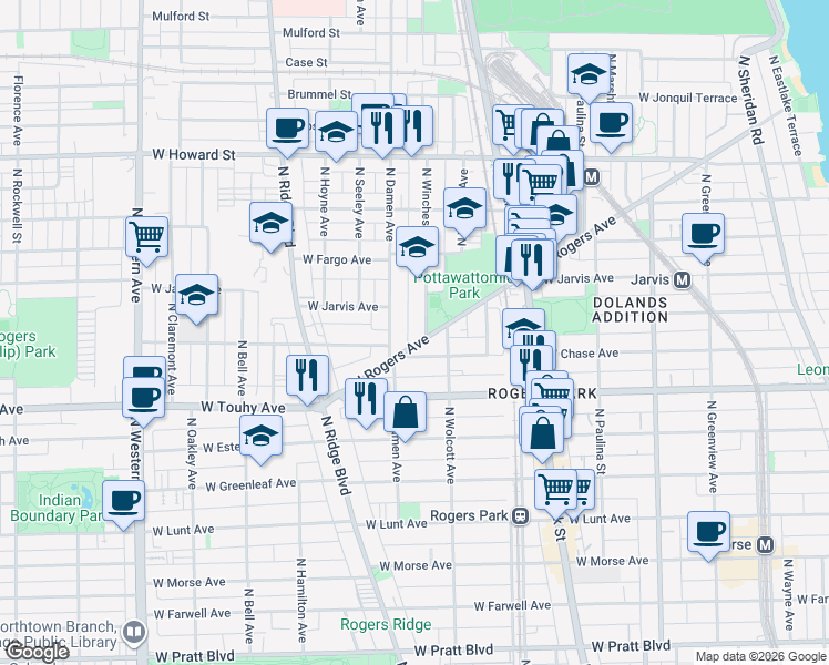 map of restaurants, bars, coffee shops, grocery stores, and more near 7330 North Winchester Avenue in Chicago
