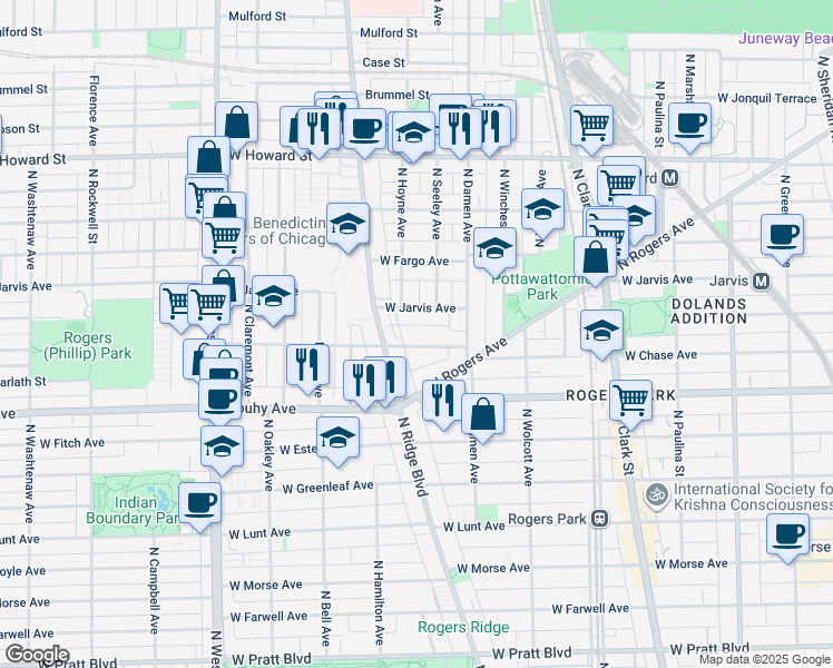 map of restaurants, bars, coffee shops, grocery stores, and more near 2048 West Chase Avenue in Chicago