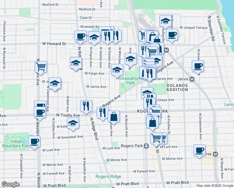 map of restaurants, bars, coffee shops, grocery stores, and more near 7330 North Winchester Avenue in Chicago