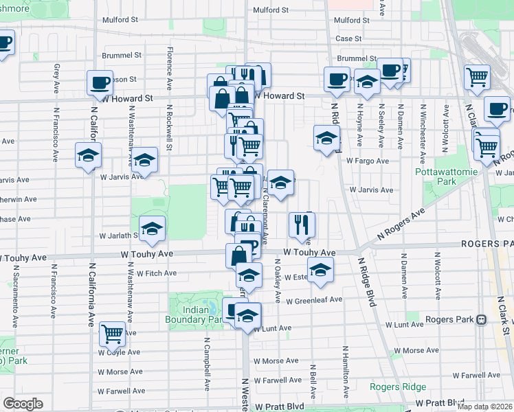 map of restaurants, bars, coffee shops, grocery stores, and more near 7335 North Western Avenue in Chicago