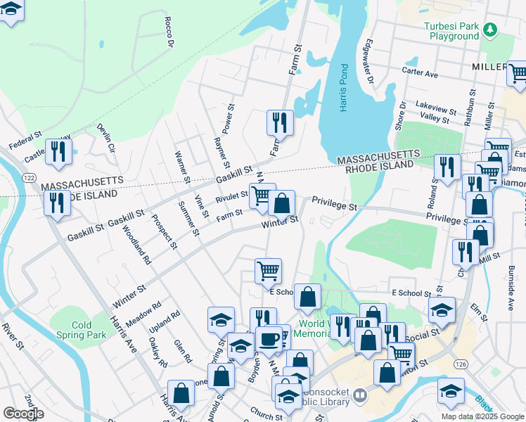 map of restaurants, bars, coffee shops, grocery stores, and more near 714 North Main Street in Woonsocket