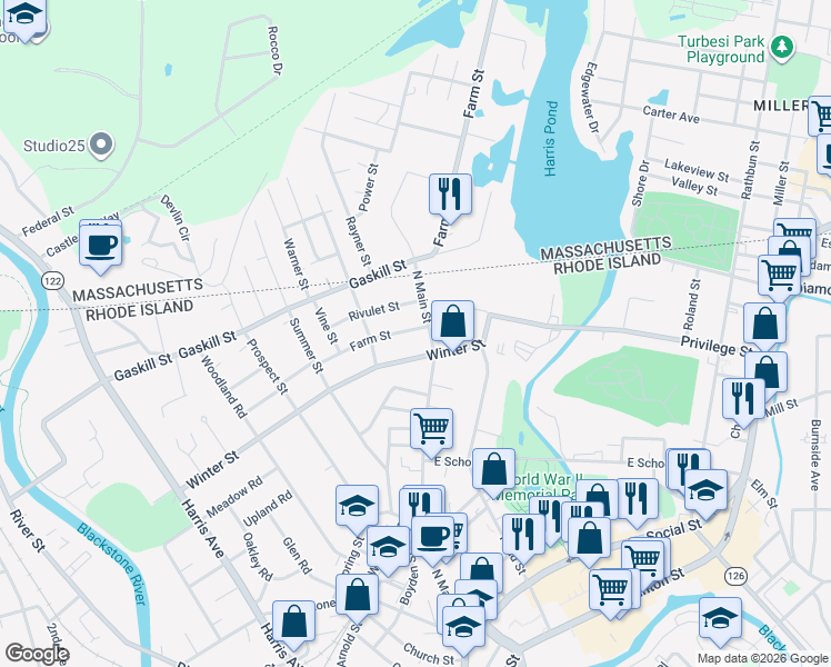 map of restaurants, bars, coffee shops, grocery stores, and more near 714 North Main Street in Woonsocket