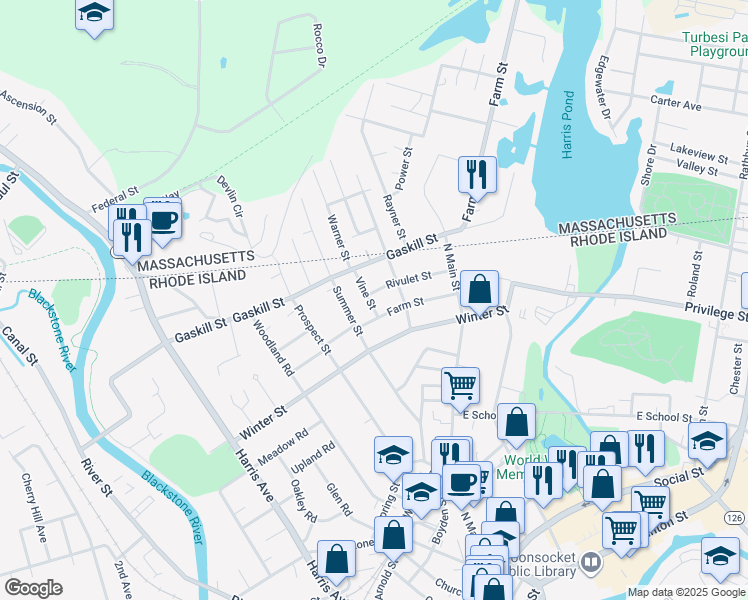 map of restaurants, bars, coffee shops, grocery stores, and more near 128 Temple Street in Woonsocket