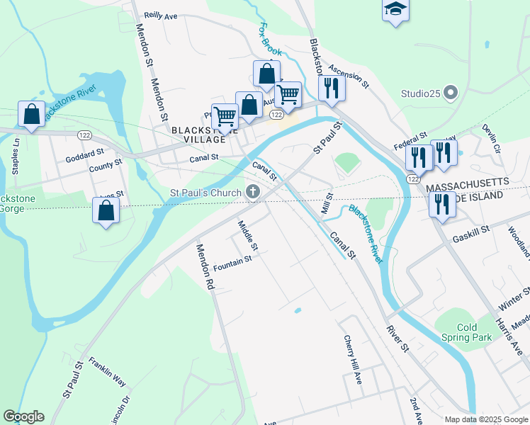 map of restaurants, bars, coffee shops, grocery stores, and more near 70 Saint Paul Street in North Smithfield