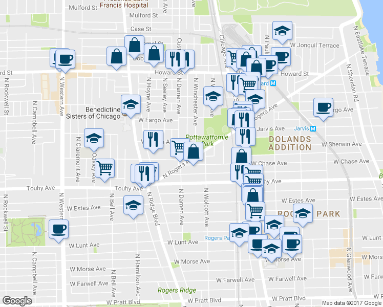 map of restaurants, bars, coffee shops, grocery stores, and more near 7330 North Winchester Avenue in Chicago