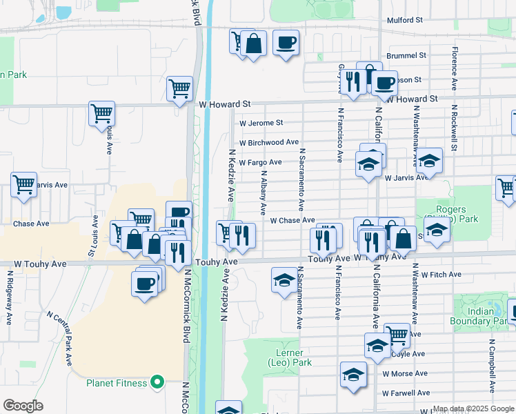map of restaurants, bars, coffee shops, grocery stores, and more near 3052 West Sherwin Avenue in Chicago