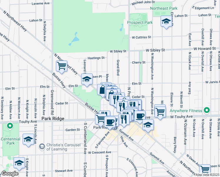 map of restaurants, bars, coffee shops, grocery stores, and more near 301 Meacham Avenue in Park Ridge