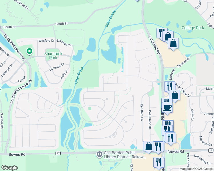 map of restaurants, bars, coffee shops, grocery stores, and more near 2166 Sandpiper Way in Elgin