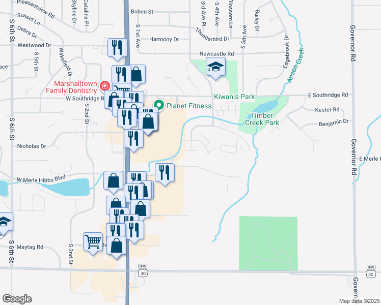 map of restaurants, bars, coffee shops, grocery stores, and more near 2603 South 2nd Avenue in Marshalltown