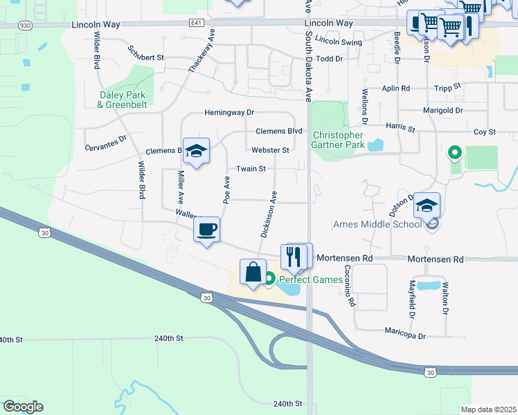 map of restaurants, bars, coffee shops, grocery stores, and more near 4701 Steinbeck Street in Ames