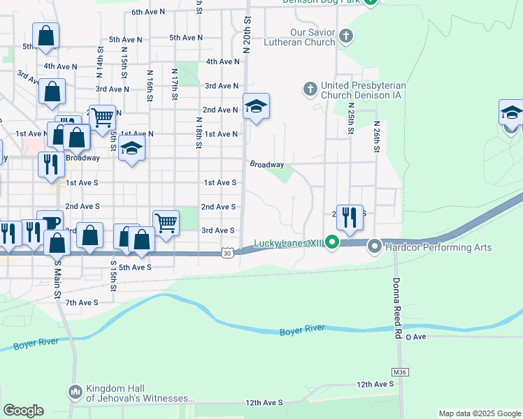map of restaurants, bars, coffee shops, grocery stores, and more near 2020 1st Avenue South in Denison