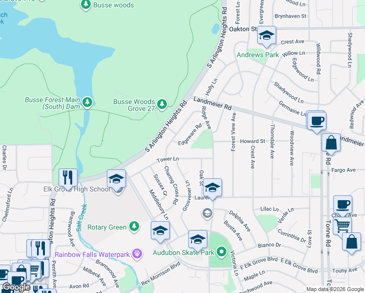 map of restaurants, bars, coffee shops, grocery stores, and more near 232 Edgeware Road in Elk Grove Village