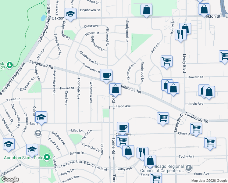 map of restaurants, bars, coffee shops, grocery stores, and more near 601 Landmeier Road in Elk Grove Village
