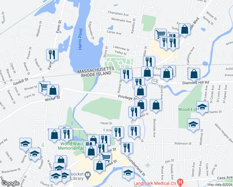 map of restaurants, bars, coffee shops, grocery stores, and more near 396 Privilege Street in Woonsocket