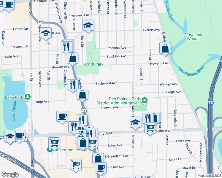 map of restaurants, bars, coffee shops, grocery stores, and more near 1665 Birchwood Avenue in Des Plaines