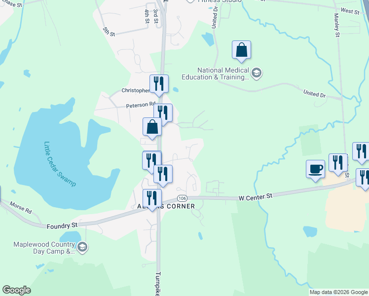 map of restaurants, bars, coffee shops, grocery stores, and more near 81 Village Street in Easton