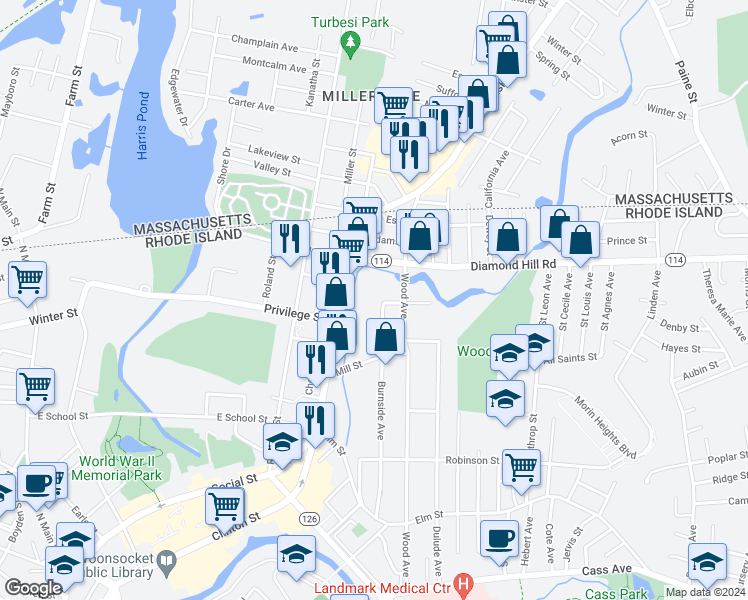 map of restaurants, bars, coffee shops, grocery stores, and more near 104 Mill Street in Woonsocket