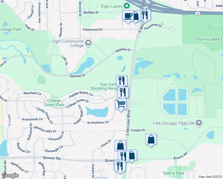 map of restaurants, bars, coffee shops, grocery stores, and more near 743 Spyglass Hill Court in Elgin