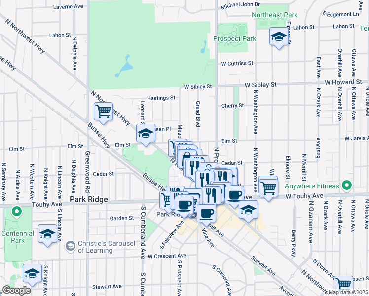 map of restaurants, bars, coffee shops, grocery stores, and more near 301 Meacham Avenue in Park Ridge
