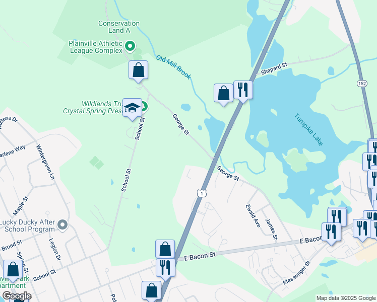map of restaurants, bars, coffee shops, grocery stores, and more near 56 George Street in Plainville