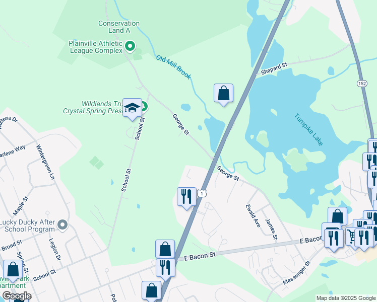 map of restaurants, bars, coffee shops, grocery stores, and more near 56 George Street in Plainville