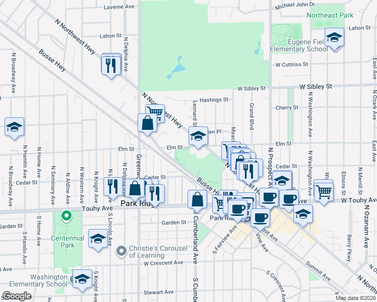map of restaurants, bars, coffee shops, grocery stores, and more near 900 Elm Street in Park Ridge