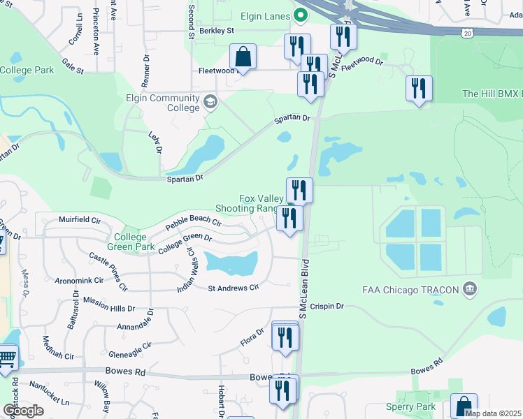 map of restaurants, bars, coffee shops, grocery stores, and more near 743 Spyglass Hill Court in Elgin