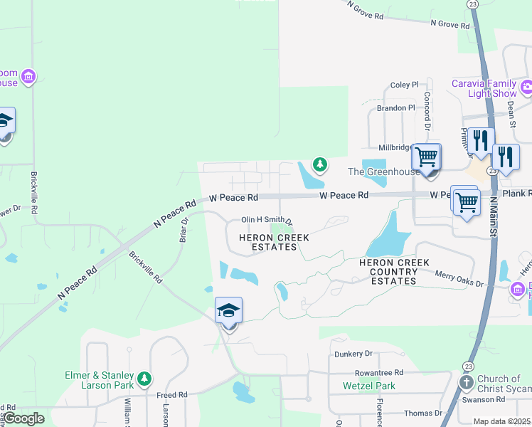 map of restaurants, bars, coffee shops, grocery stores, and more near 525 Olin H Smith Drive in Sycamore
