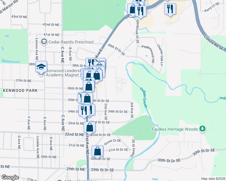 map of restaurants, bars, coffee shops, grocery stores, and more near 253 38th Street Drive Southeast in Cedar Rapids