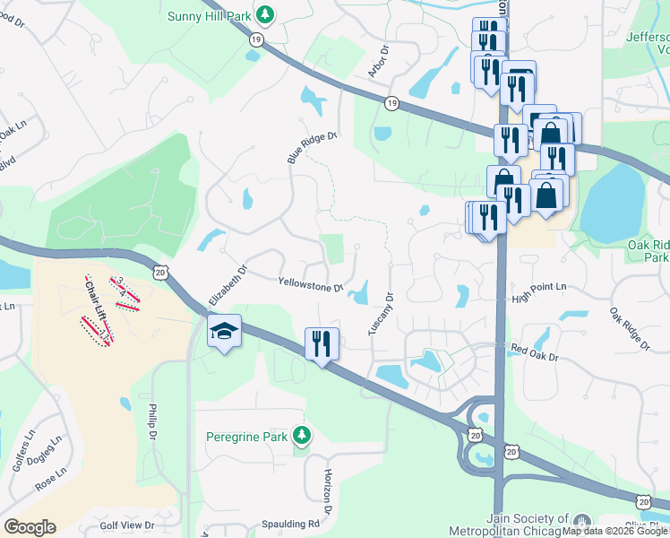 map of restaurants, bars, coffee shops, grocery stores, and more near 203 Black Hill Drive in Streamwood