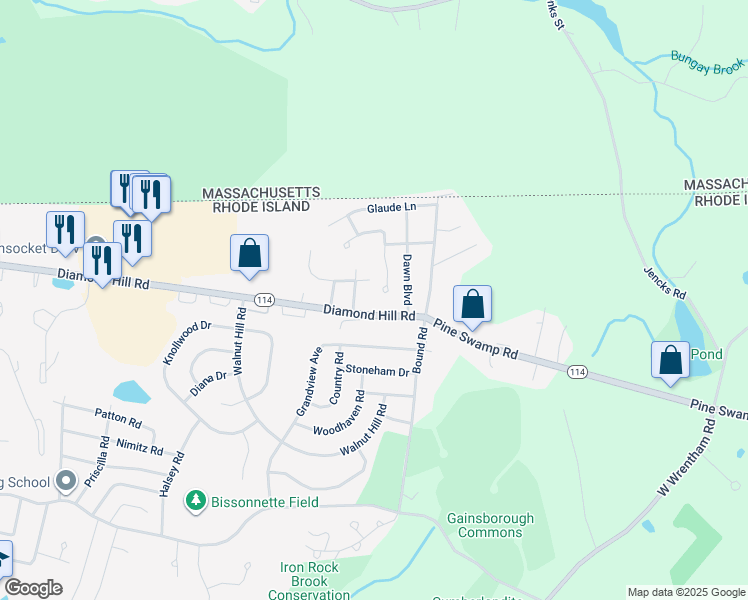 map of restaurants, bars, coffee shops, grocery stores, and more near 53 Crest Road in Woonsocket