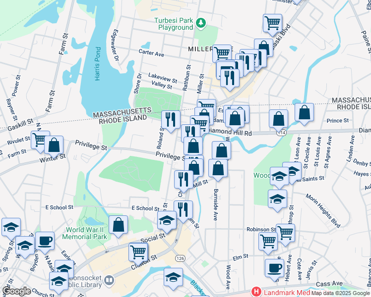 map of restaurants, bars, coffee shops, grocery stores, and more near 65 Dean Street in Woonsocket