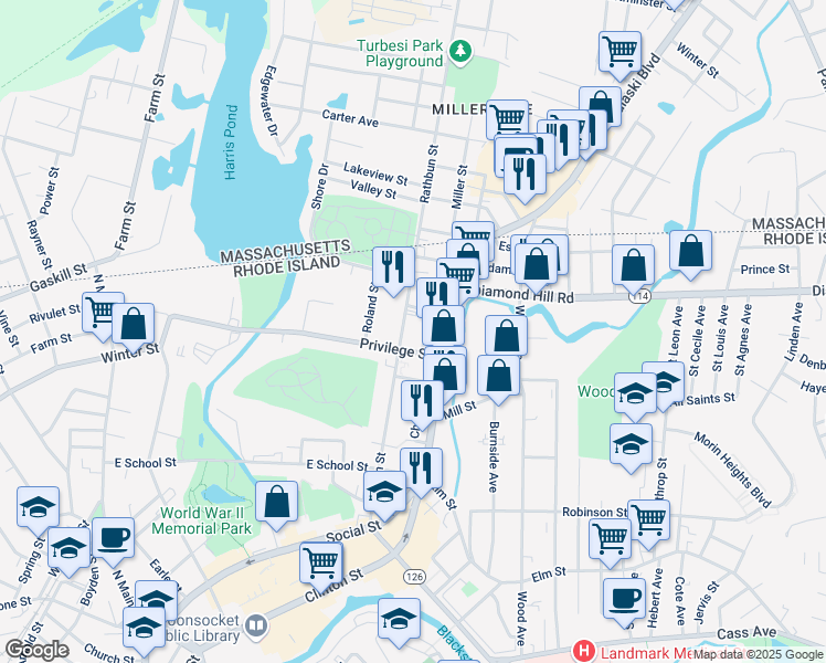 map of restaurants, bars, coffee shops, grocery stores, and more near 65 Dean Street in Woonsocket