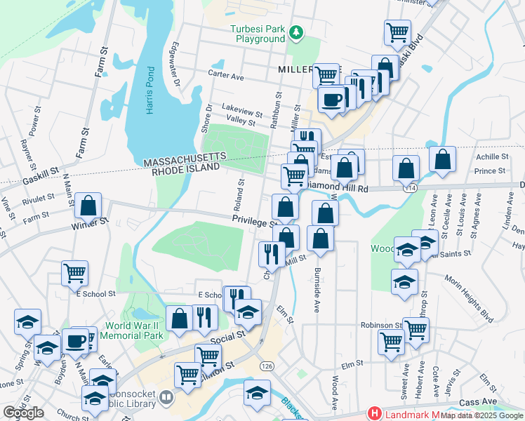 map of restaurants, bars, coffee shops, grocery stores, and more near 65 Dean Street in Woonsocket