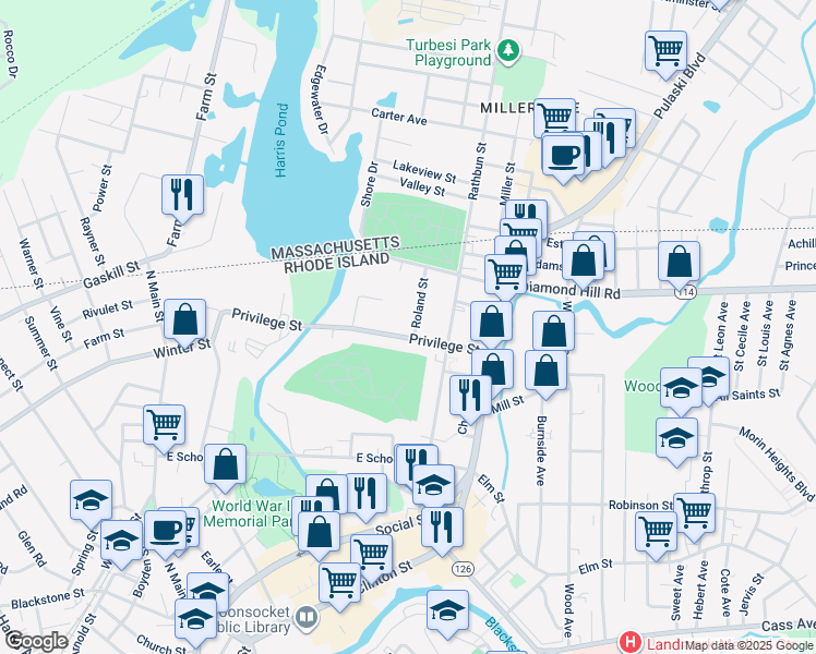 map of restaurants, bars, coffee shops, grocery stores, and more near 358 Privilege Street in Woonsocket