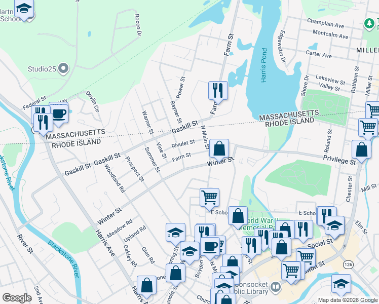 map of restaurants, bars, coffee shops, grocery stores, and more near 67 Rivulet Street in Woonsocket
