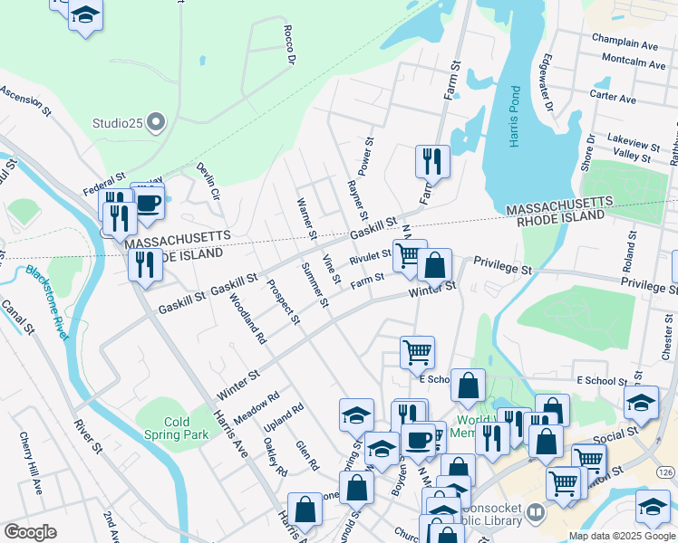 map of restaurants, bars, coffee shops, grocery stores, and more near 128 Temple Street in Woonsocket