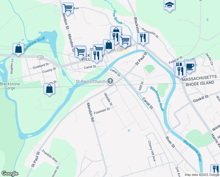 map of restaurants, bars, coffee shops, grocery stores, and more near 70 Saint Paul Street in North Smithfield