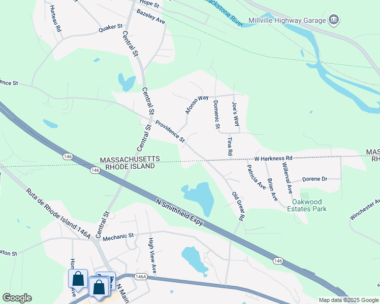 map of restaurants, bars, coffee shops, grocery stores, and more near 19d Providence Street in Millville
