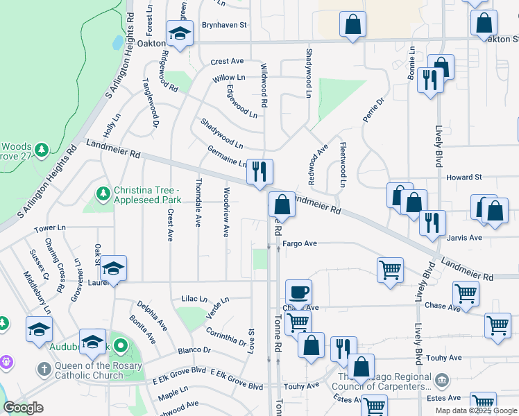 map of restaurants, bars, coffee shops, grocery stores, and more near 595 Landmeier Road in Elk Grove Village