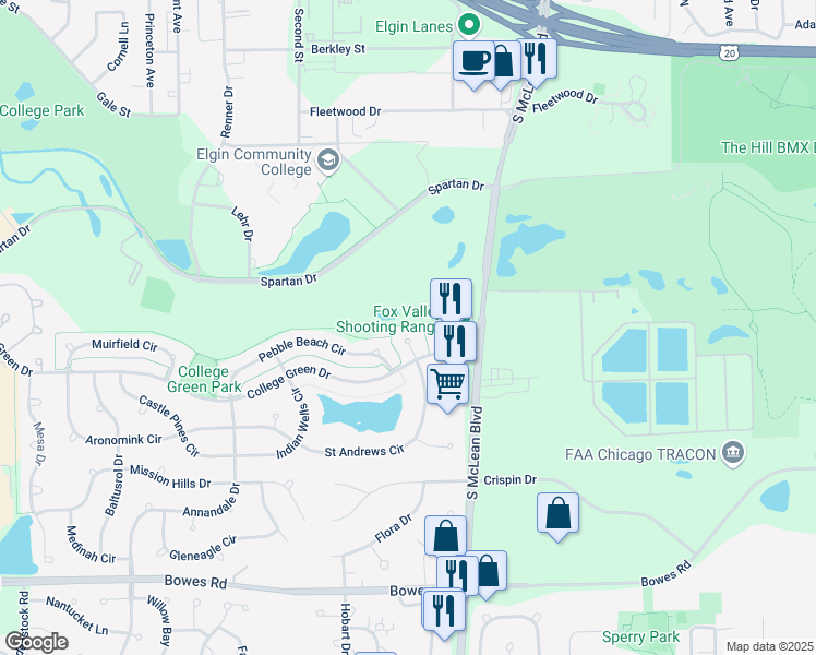 map of restaurants, bars, coffee shops, grocery stores, and more near 743 Spyglass Hill Court in Elgin
